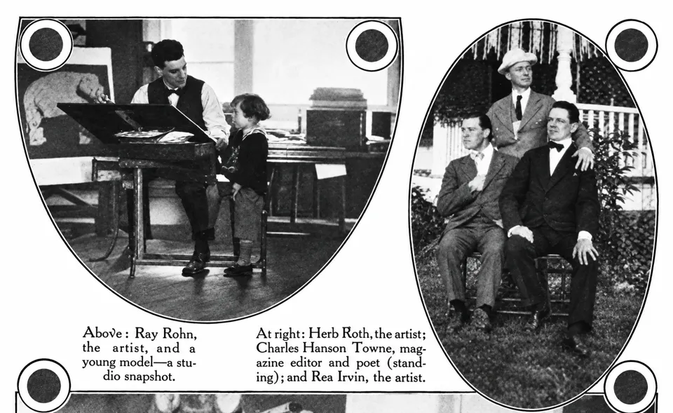 Ray Rohn with a young model; separately, Herb Roth, Charles Hanson Towne, and Rea Irvin. Green Book Magazine, July 1916.
