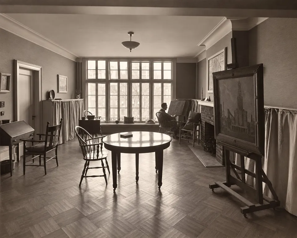 An archival interior of Maxwell Armfield’s American studio, with tall windows, a round table, an easel, and a seated figure.