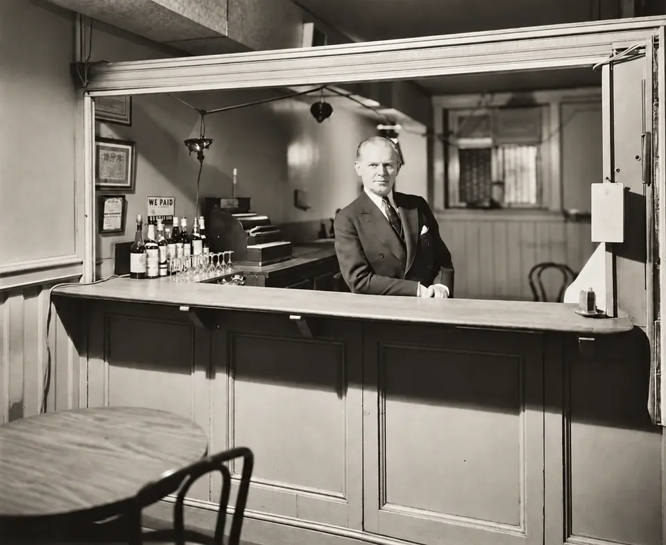 Connelly, the Players barkeeper, standing behind a wooden bar with bottles and glasses, photographed in 1935.