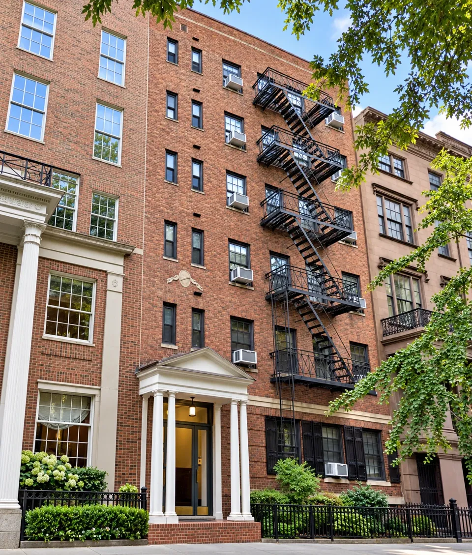 17 Gramercy Park South: the 1938 brick building, with its small white entrance portico and fire escape.