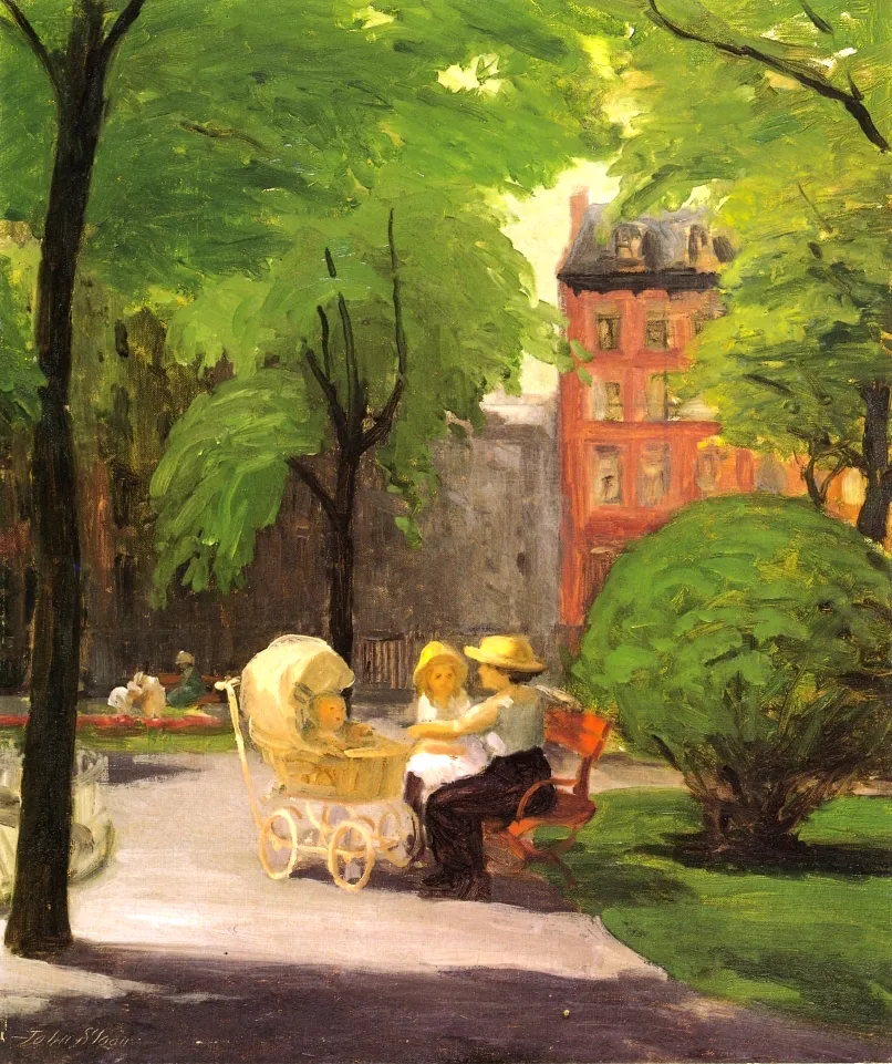 John Sloan’s painting of a mother and children beside a baby carriage in leafy Gramercy Park, with a red-brick house beyond.
