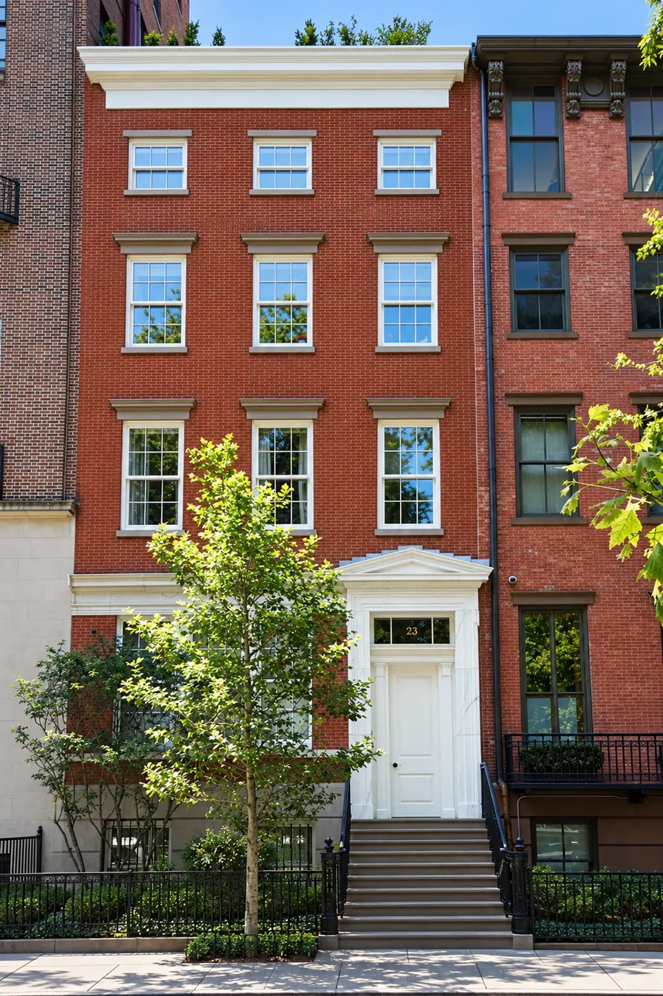 The red-brick façade of 23 Gramercy Park South, with its pale cornice, pedimented doorway, and raised stoop.