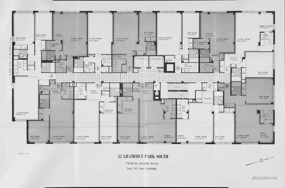 Original typical floor plan for the second through thirteenth floors, showing apartments around a central corridor and two elevators.