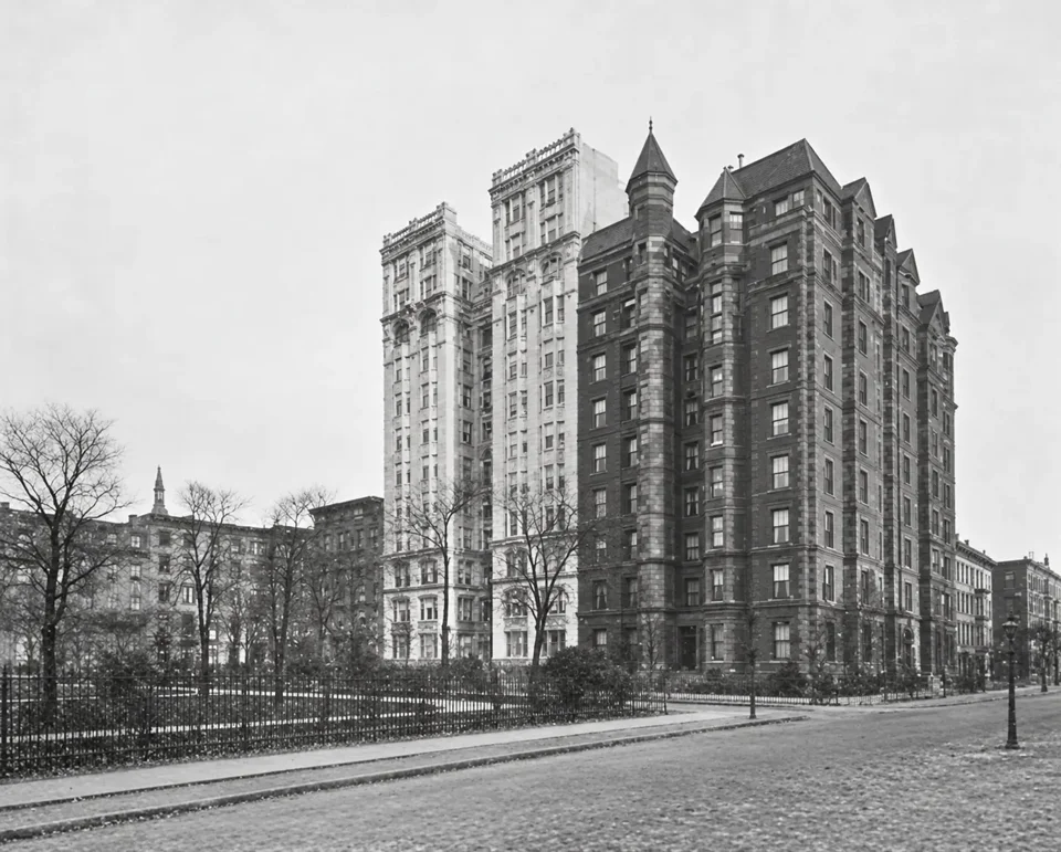 A 1911 newspaper photograph of 36 Gramercy Park East beside the turreted 34 Gramercy Park East.