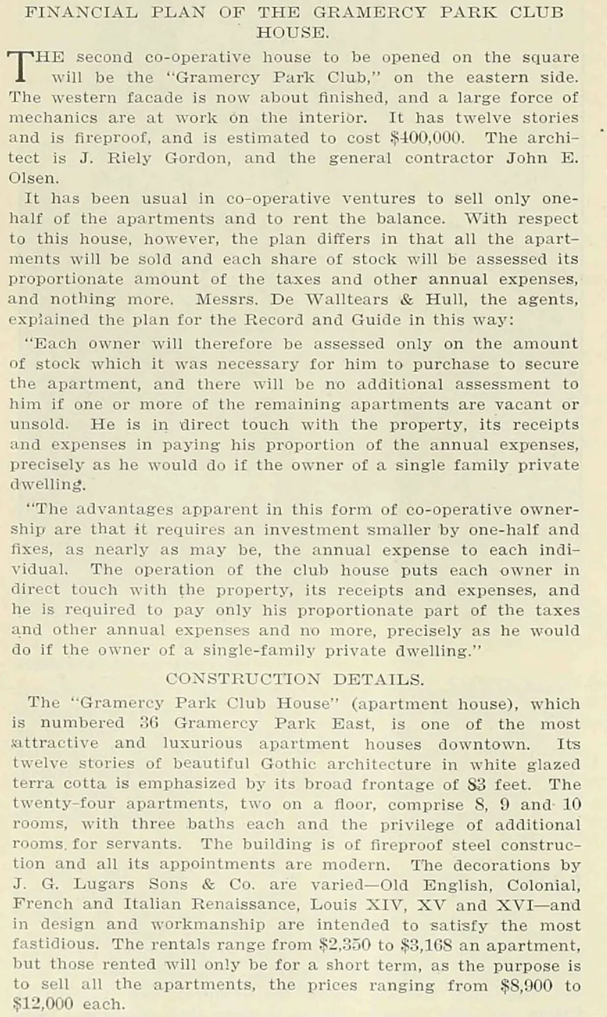 The financial plan and construction details of the Gramercy Park Club House, printed in the Record and Guide in October 1909.