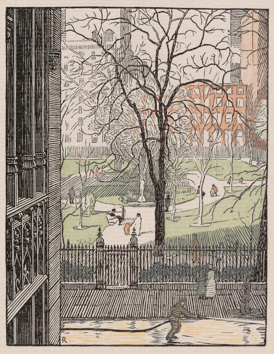 Rudolph Ruzicka’s wood engraving showing Gothic windows at No. 36 beside the iron fence, with people walking among the trees and paths of Gramercy Park.
