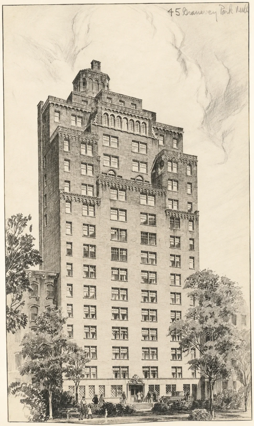 Architectural pencil drawing of 45 Gramercy Park North, showing the carved entrance, brick façade, stepped cornices and colonnaded rooftop enclosure.