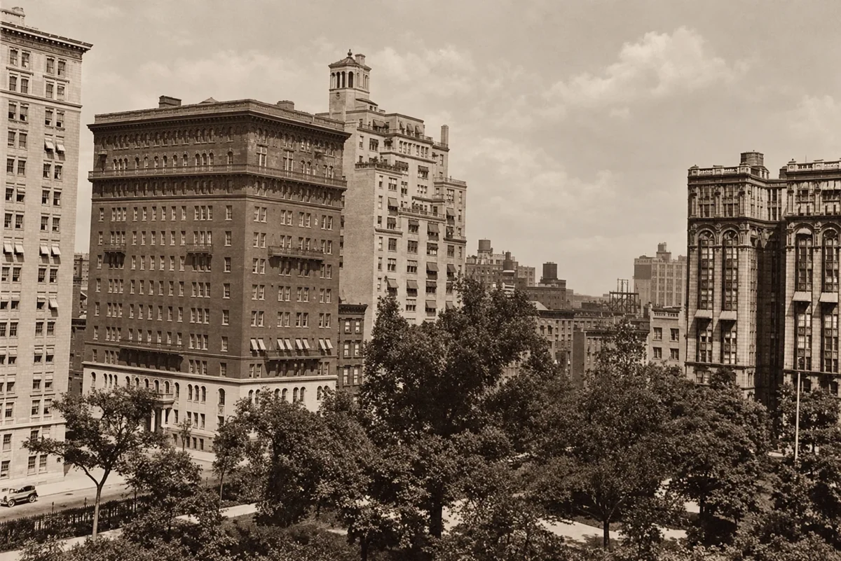 Northeast view over the trees of Gramercy Park on July 7, 1928, with 45 Gramercy Park North and its rooftop enclosure behind One Lexington Avenue.