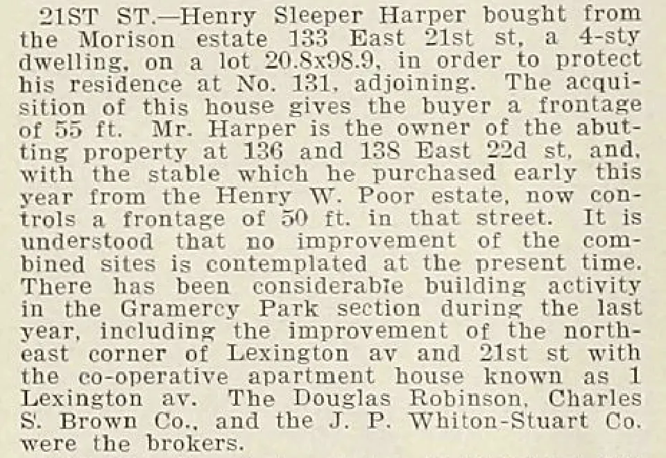 December 9, 1911 Real Estate Record and Builders' Guide clipping reporting Henry Sleeper Harper's purchase of 133 East 21st Street.