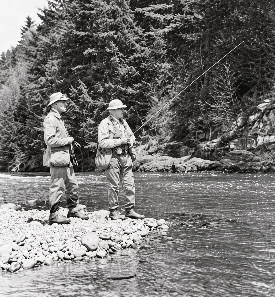 Historic photograph of Edward Ringwood Hewitt fishing with a companion.