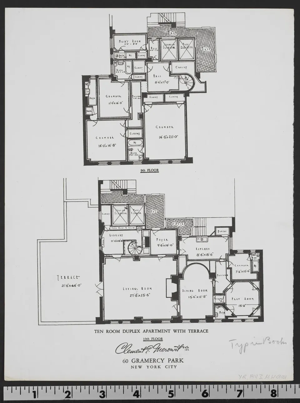 An undated brochure floor plan for a ten-room duplex on the ninth and tenth floors of 60 Gramercy Park.