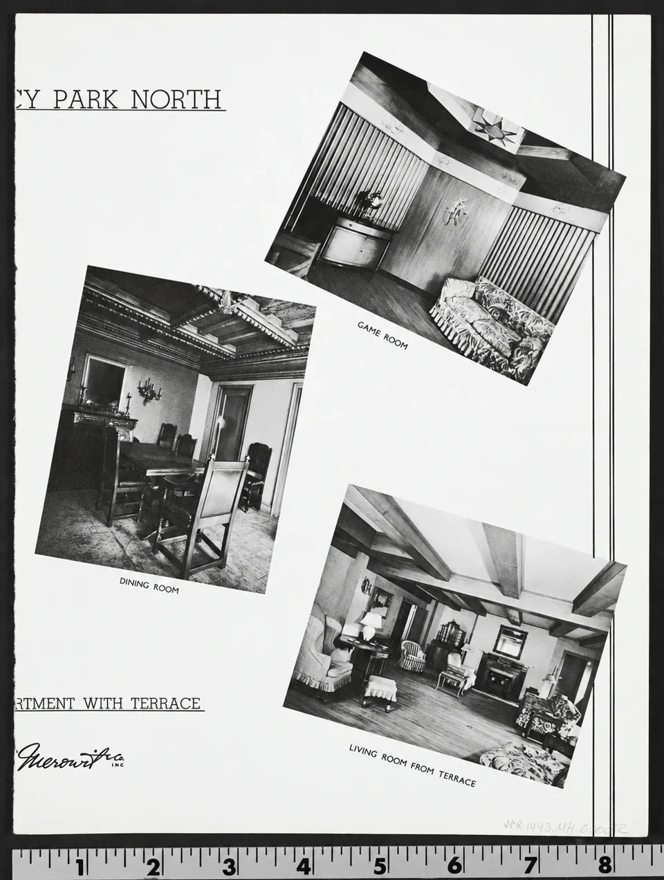 Three period brochure photographs showing a game room, formal dining room and beamed living room.