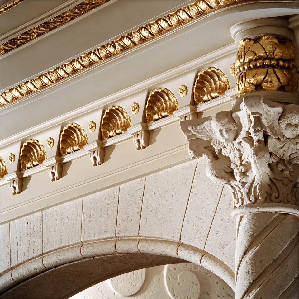 Gilded shells and a sculptural capital above a plaster arch in the lobby.