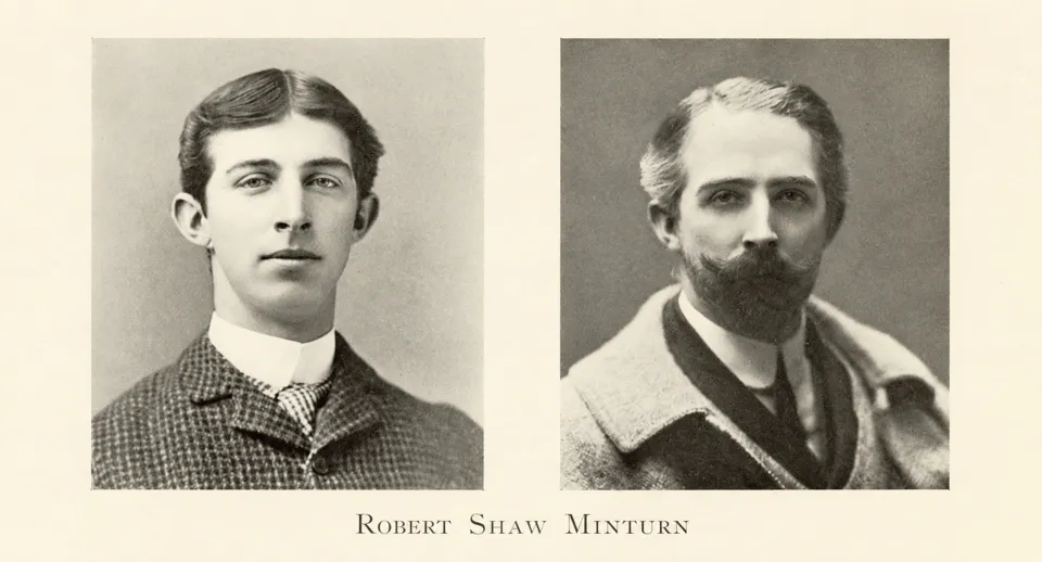 Two portraits of Robert Shaw Minturn at the top of a page from his Harvard class report.
