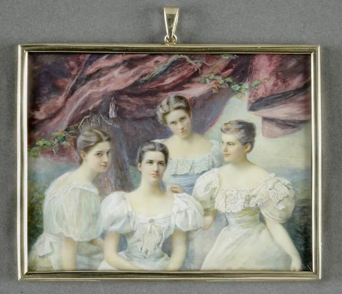 An 1899 portrait miniature of the four Minturn sisters, painted after an earlier photograph.