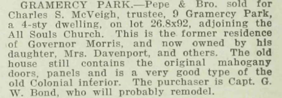 A March 22, 1919 real-estate notice announcing the sale of 9 Gramercy Park to Captain G. W. Bond and describing its mahogany doors and panels.