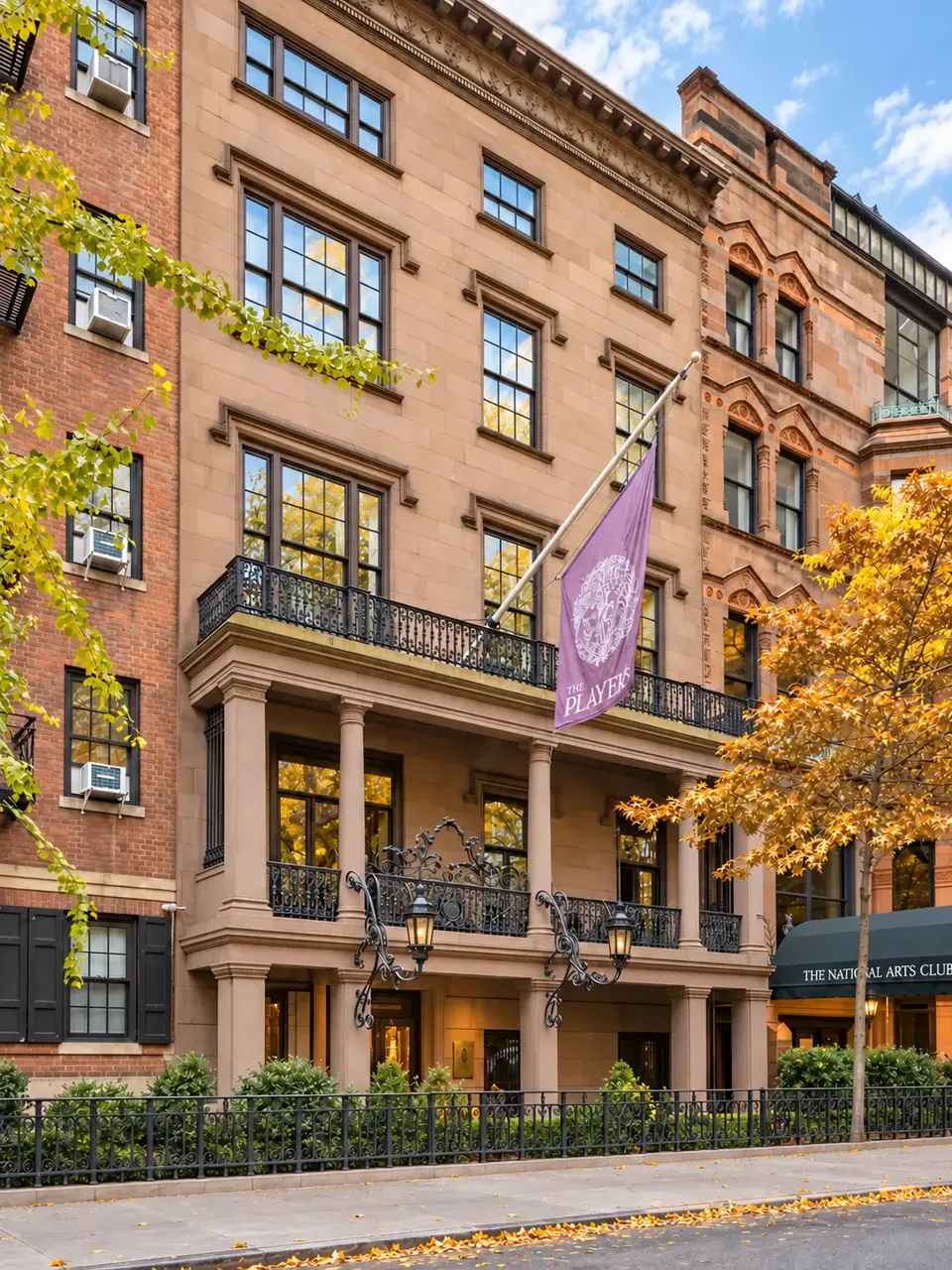 The facade of The Players, with its columned porch and the upper-story windows overlooking Gramercy Park.