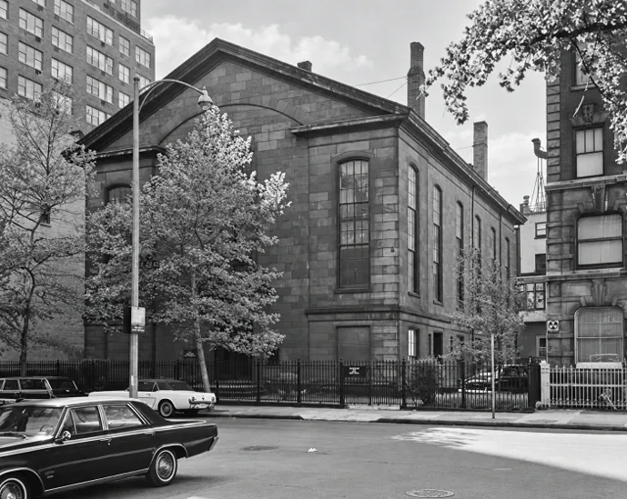 The Friends Meeting House facade and neighboring buildings in 1965.
