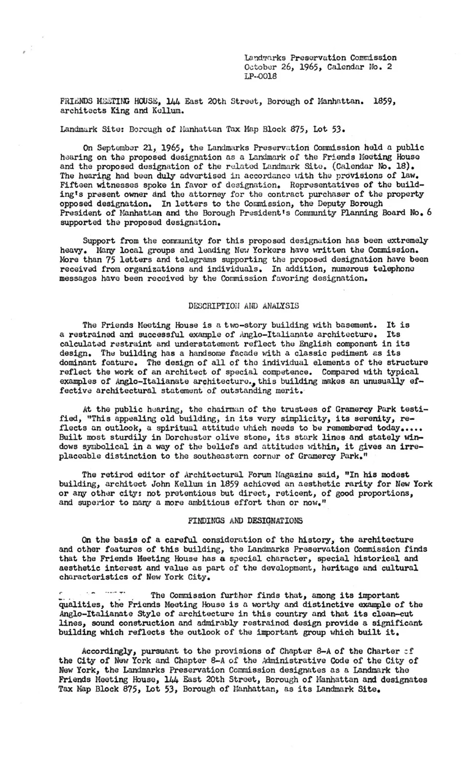 The 1965 Landmarks Preservation Commission report designating the Friends Meeting House.
