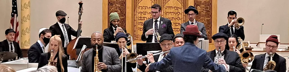 Musicians performing in front of the ark at Brotherhood Synagogue.