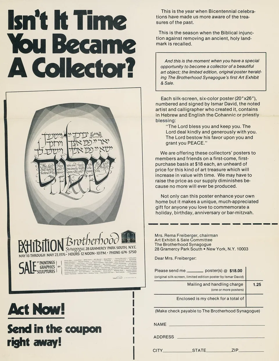 Brotherhood Synagogue fundraising flyer advertising Ismar David’s 1976 silk-screen poster and art exhibition.