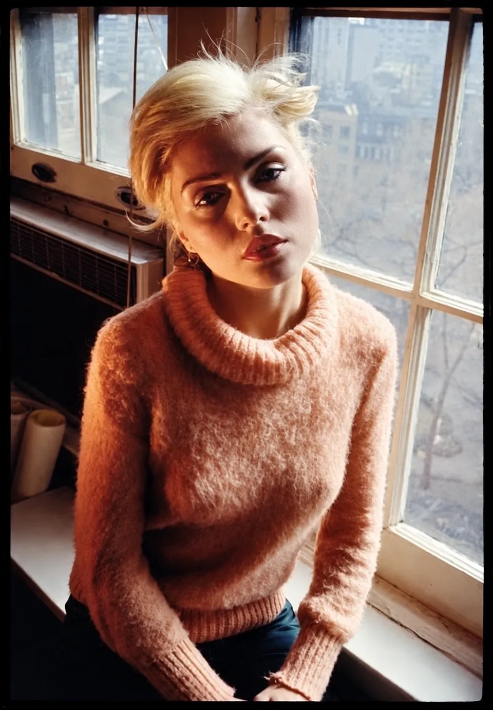 Debbie Harry in a pale sweater beside a window, with Gramercy Park in the background.