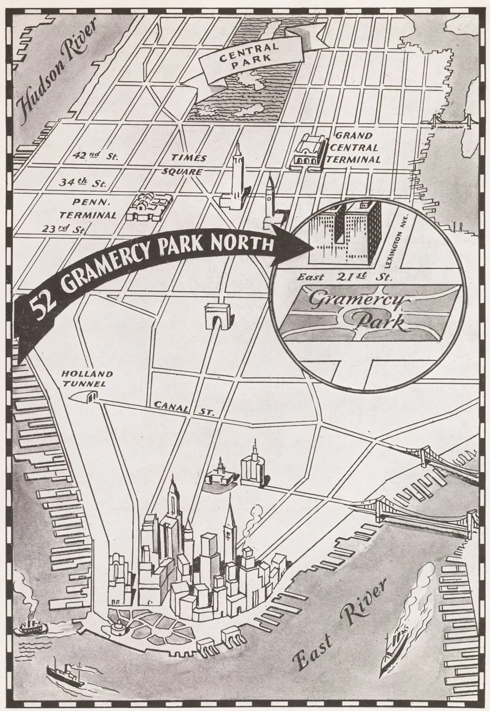 Map from the hotel’s own house magazine showing the location of 52 Gramercy Park North, 1933–1939.
