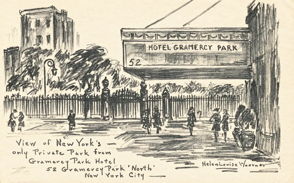 Pencil sketch of the Gramercy Park Hotel entrance canopy, pedestrians, and the Park fence, signed Helen Louise Woerner.