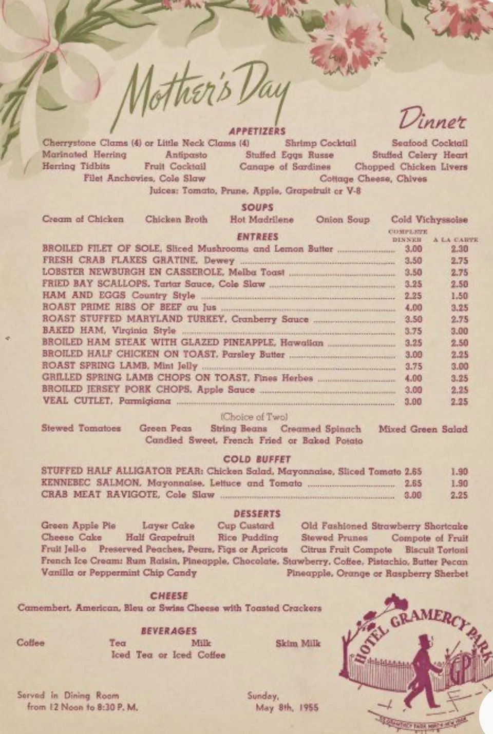 The Gramercy Park Hotel Mother’s Day menu, with flowers, dinner dishes, desserts, and the date May 8, 1955.