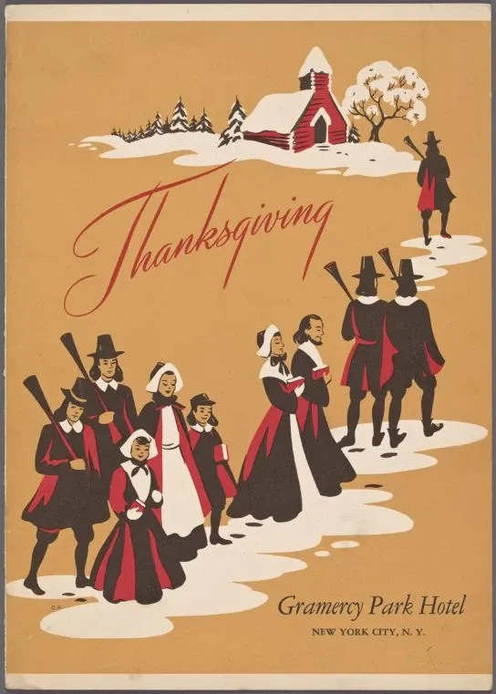 Illustrated Thanksgiving dinner menu cover for the Gramercy Park Hotel; select to open the complete three-page menu.
