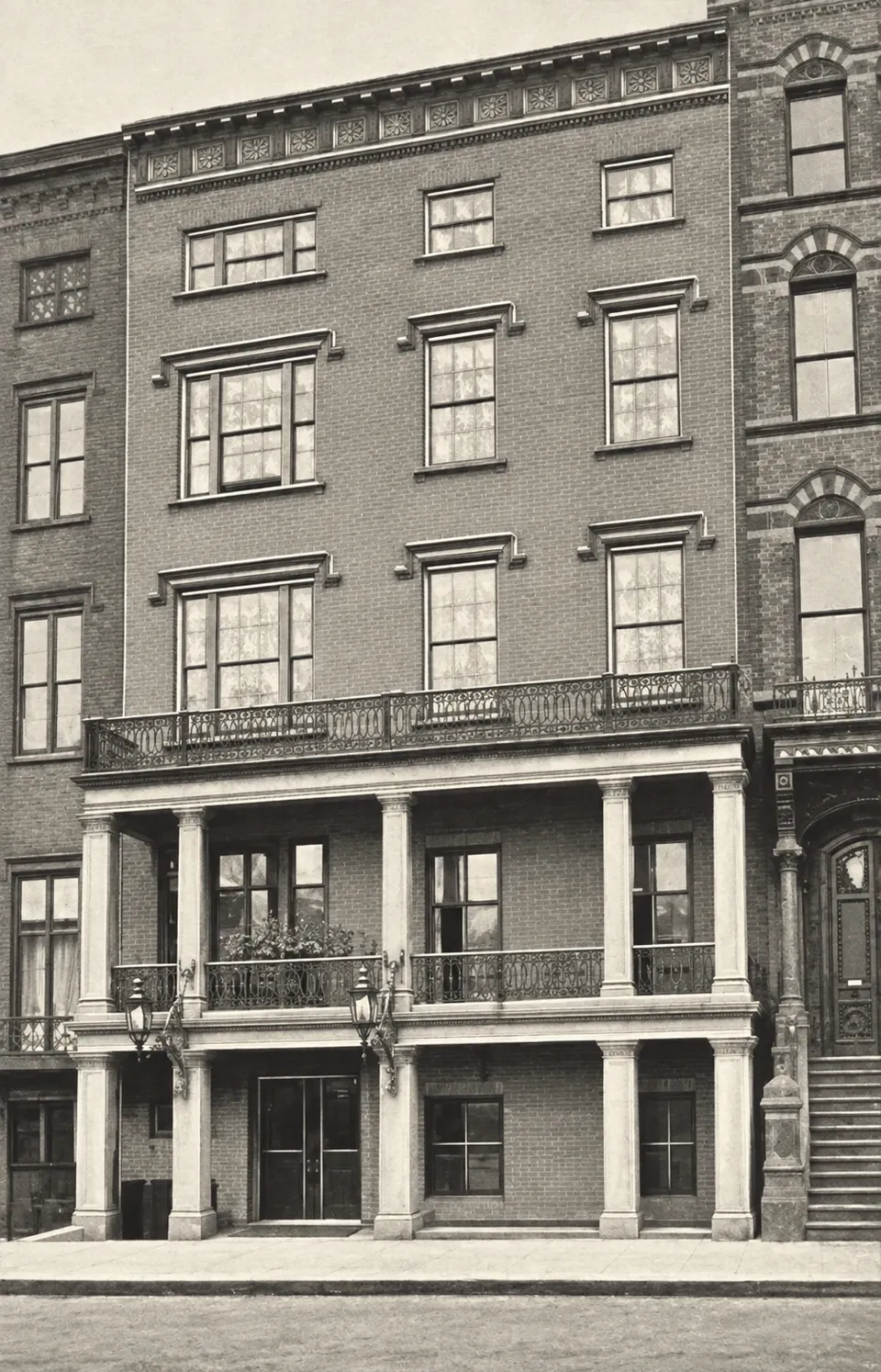 The Players at 16 Gramercy Park in an 1893 book illustration, showing its full facade, two-story columned porch and entrance lanterns.