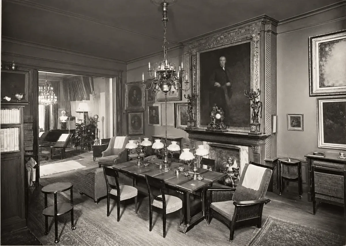 The Players’ reading room with portraits, upholstered chairs, and tables covered with reading material.