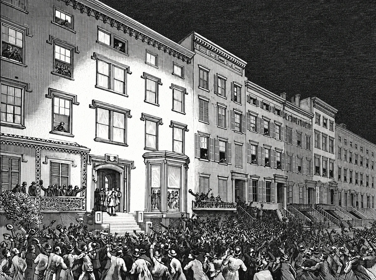 An engraving of a dense crowd gathered before Tilden’s house and the neighboring row of townhouses.