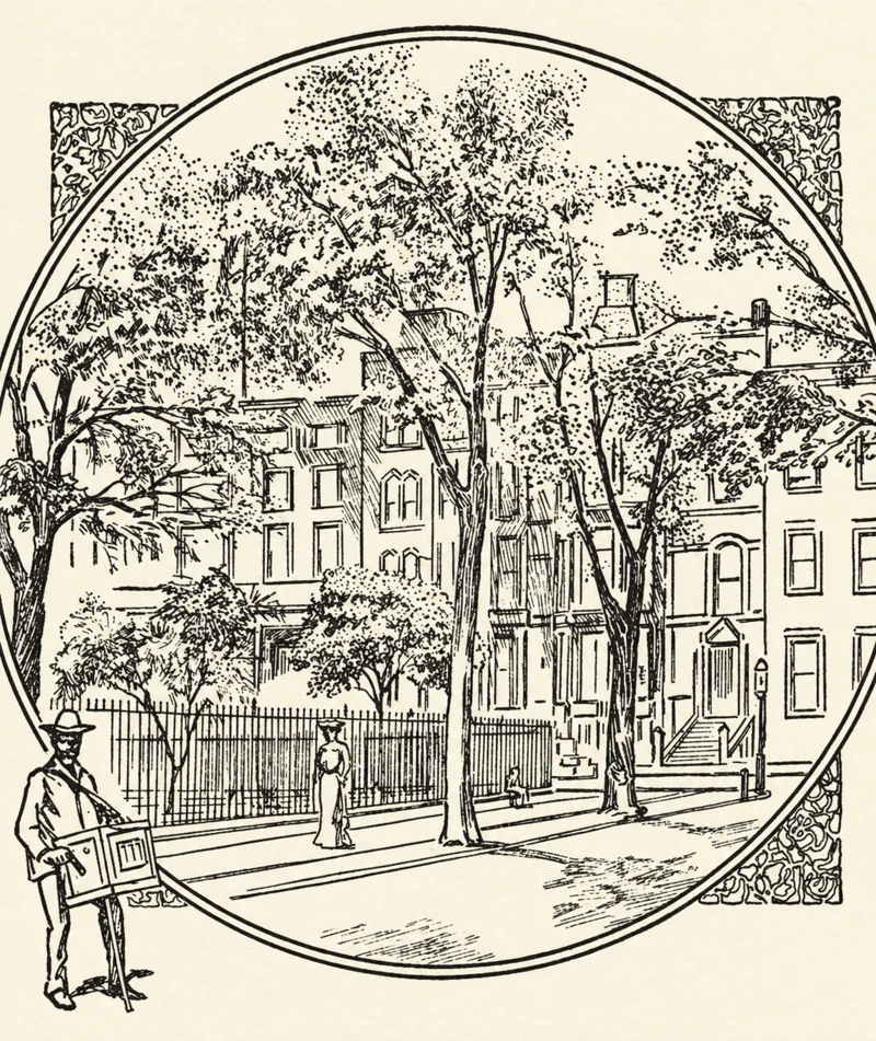 A 1905 newspaper drawing of houses and trees opposite the future National Arts Club, with a newspaper seller beside the oval frame.
