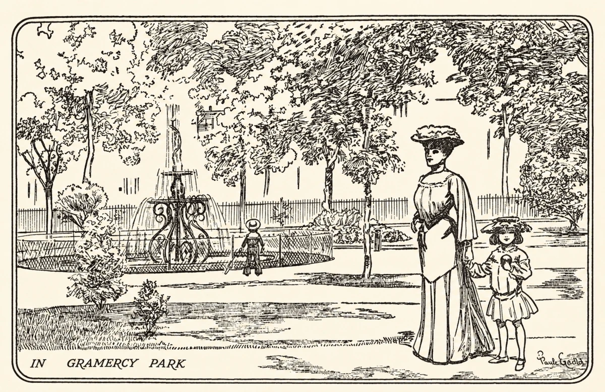A 1905 newspaper drawing of a woman and children among the paths and trees of Gramercy Park, with the old central fountain behind them.
