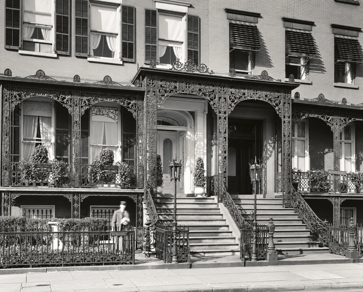 Berenice Abbott’s photograph of the adjoining houses and ornate iron porches at Nos. 3–5 Gramercy Park West.