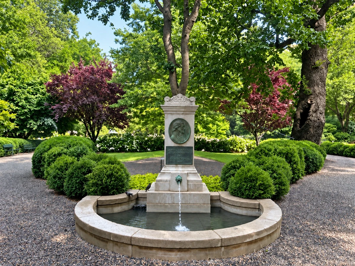 The restored Ruggles memorial and fountain basin surrounded by green planting.