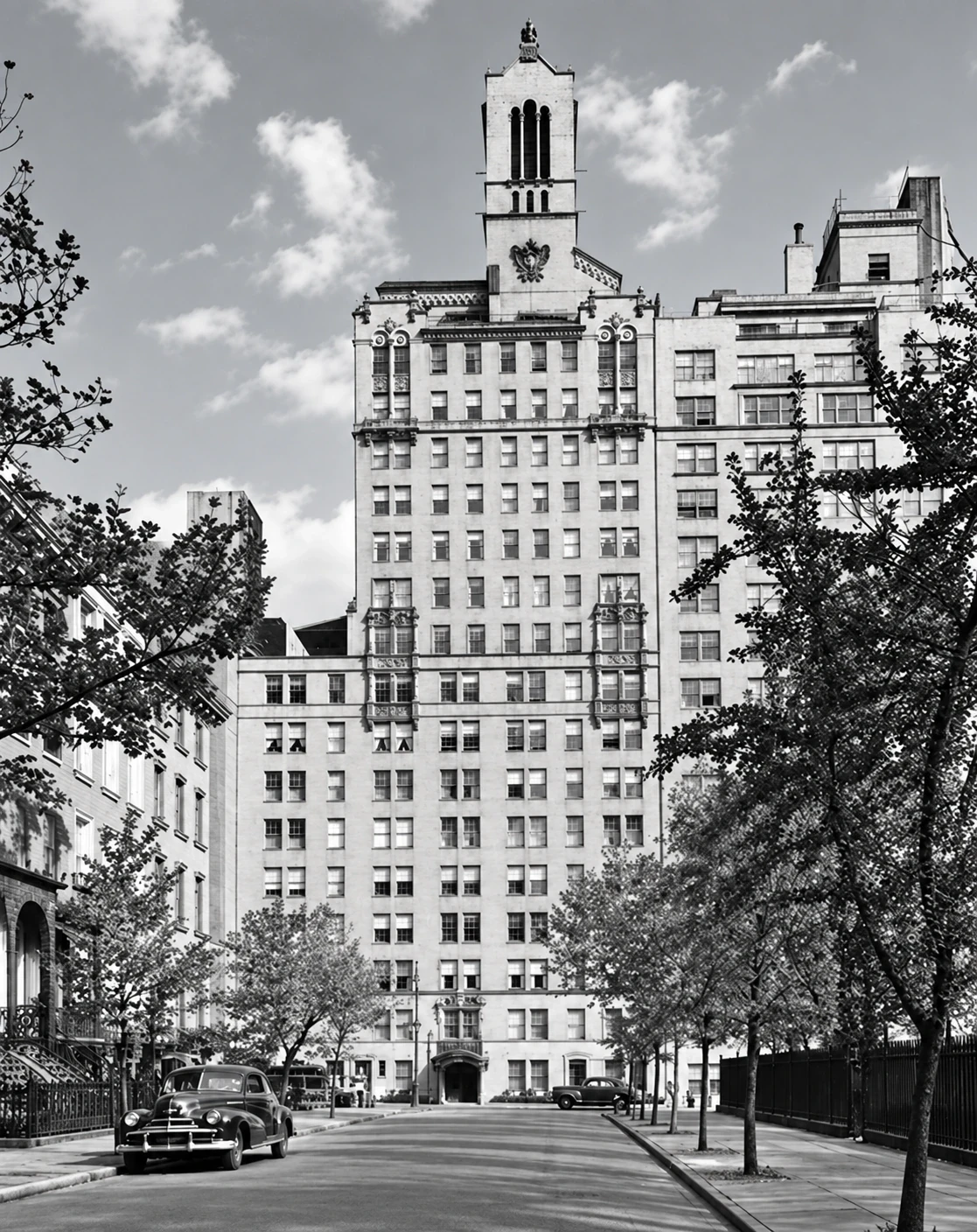 The tower and full façade of 60 Gramercy Park North, seen along Irving Place in 1943.