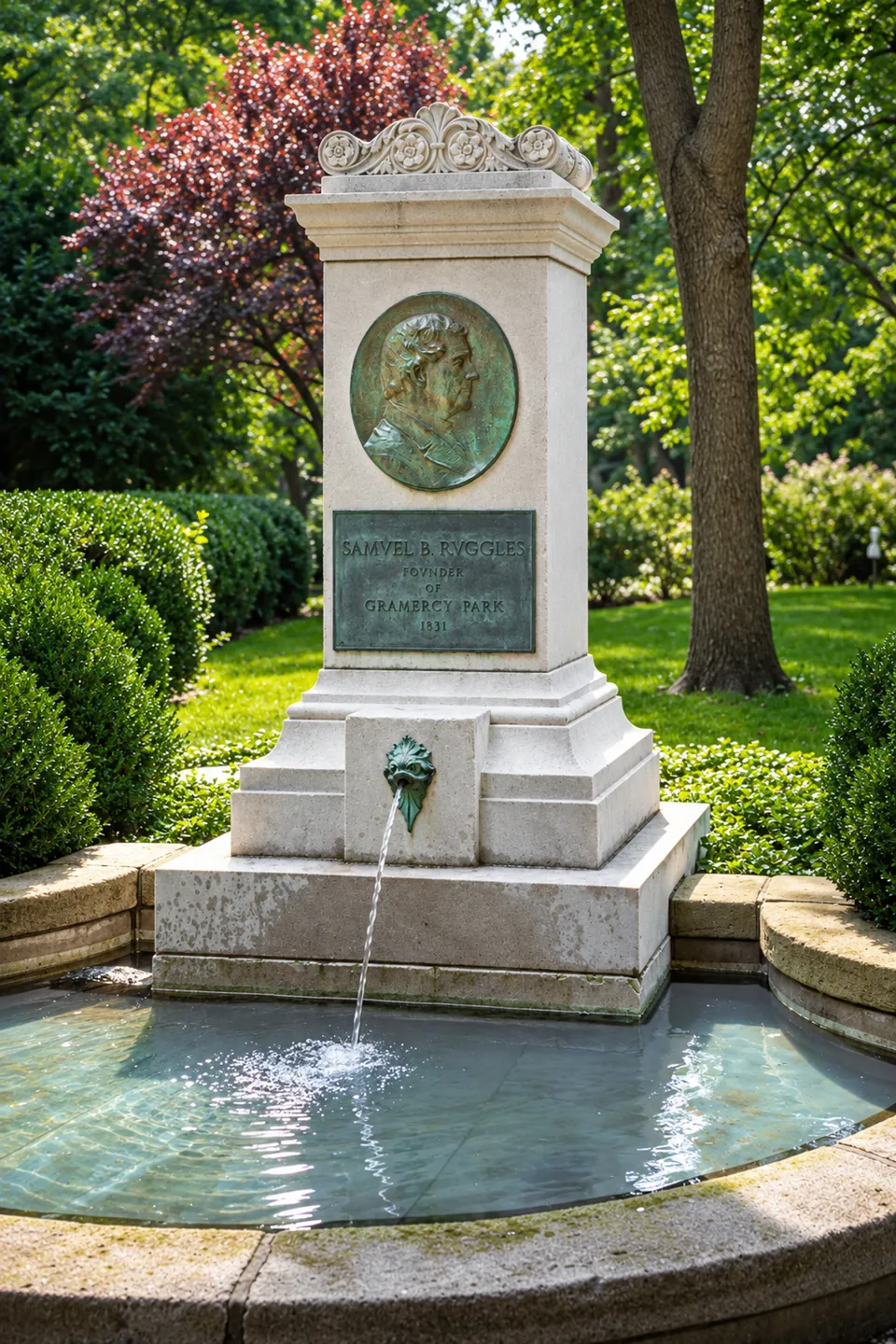 A close view of the restored Ruggles Fountain, including the carved marble crest, bronze medallion and inscription, and water entering the basin.