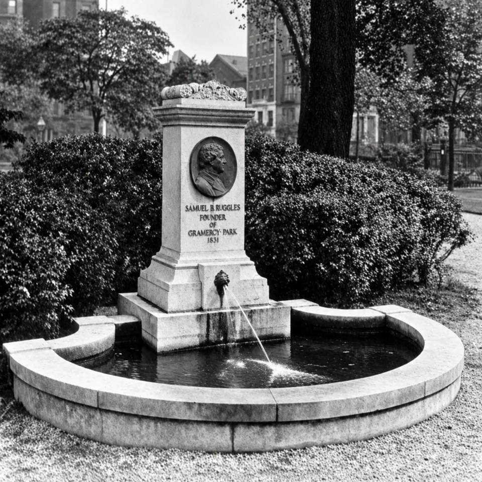 The early Ruggles Fountain with its curved stone rim, portrait relief and running water.