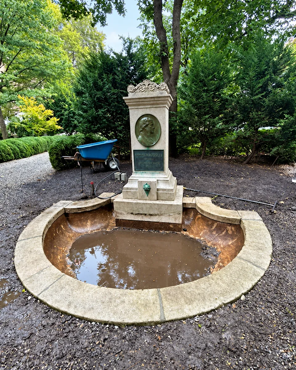 The fountain basin after vegetation has been cleared, with brown water and the monument still in position.