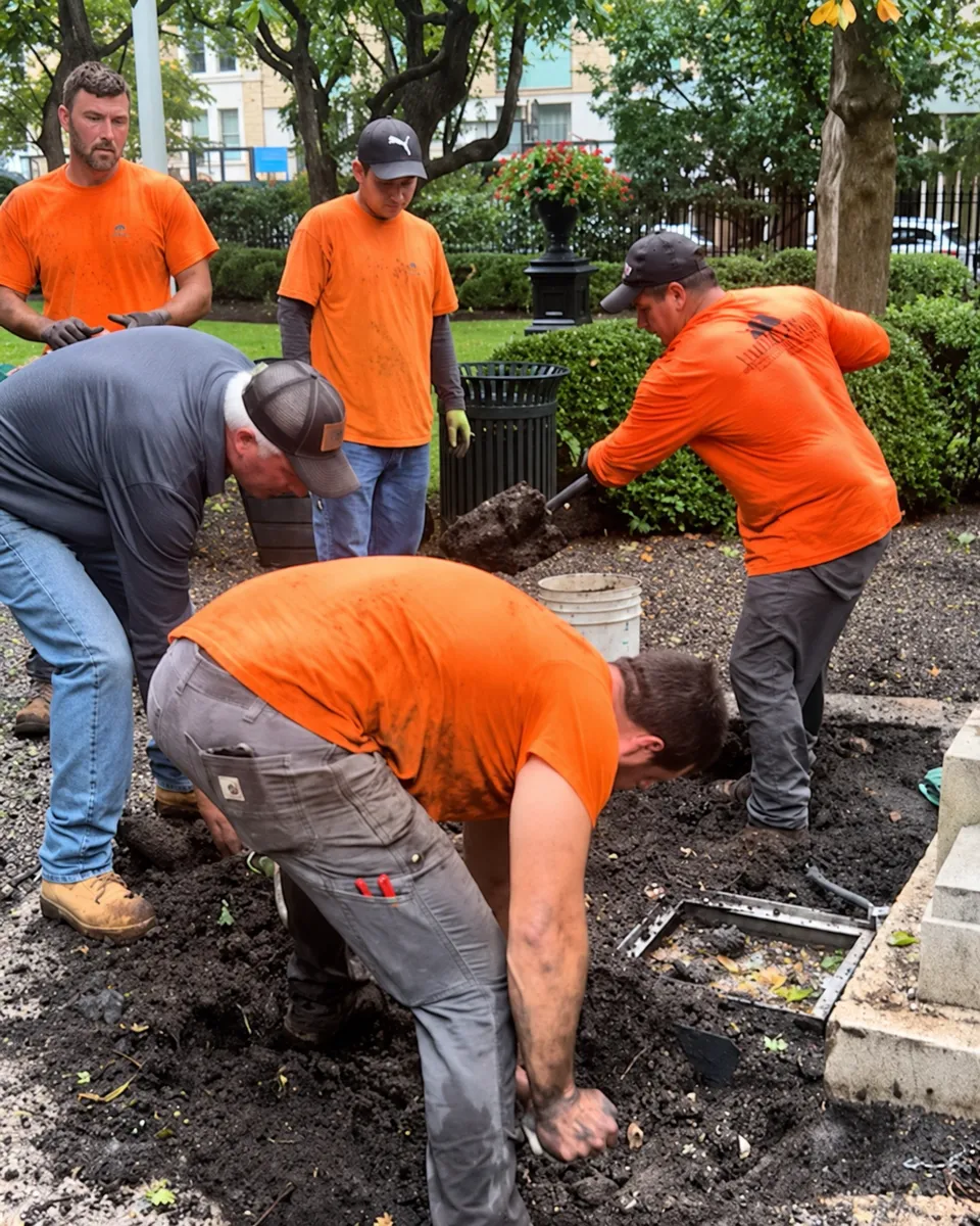 Workers in orange shirts kneel beside exposed stonework and excavated ground during the restoration.