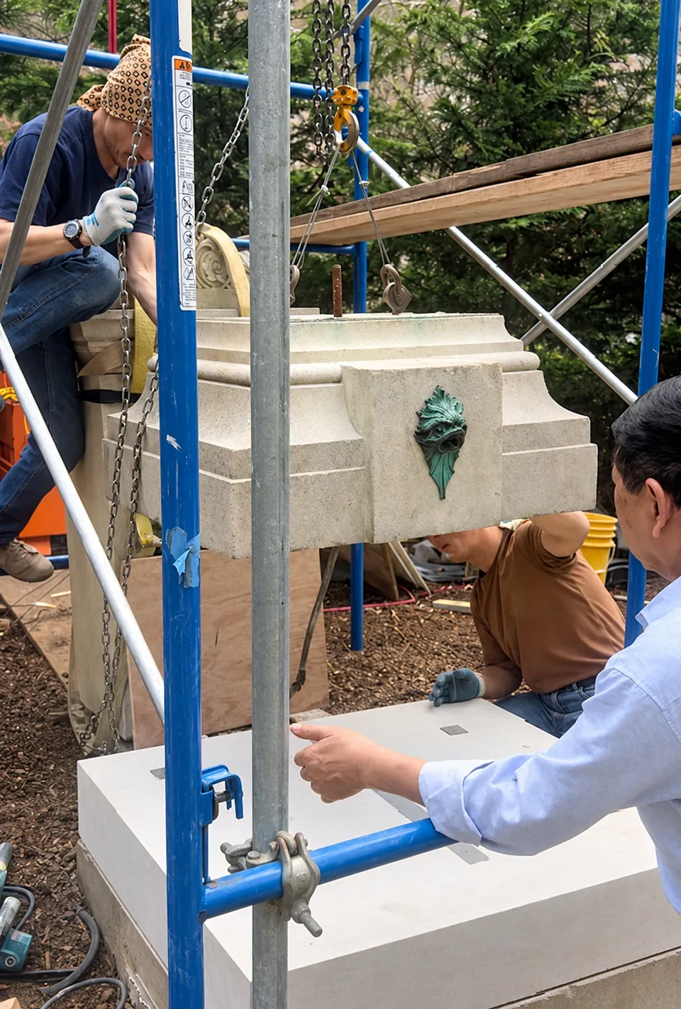 Craftsmen work around the stone base and fountain spout beneath temporary lifting equipment.