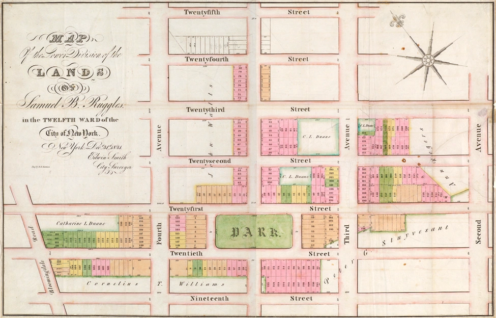 Edwin Smith’s 1831 plan of Gramercy Park and its numbered surrounding lots.