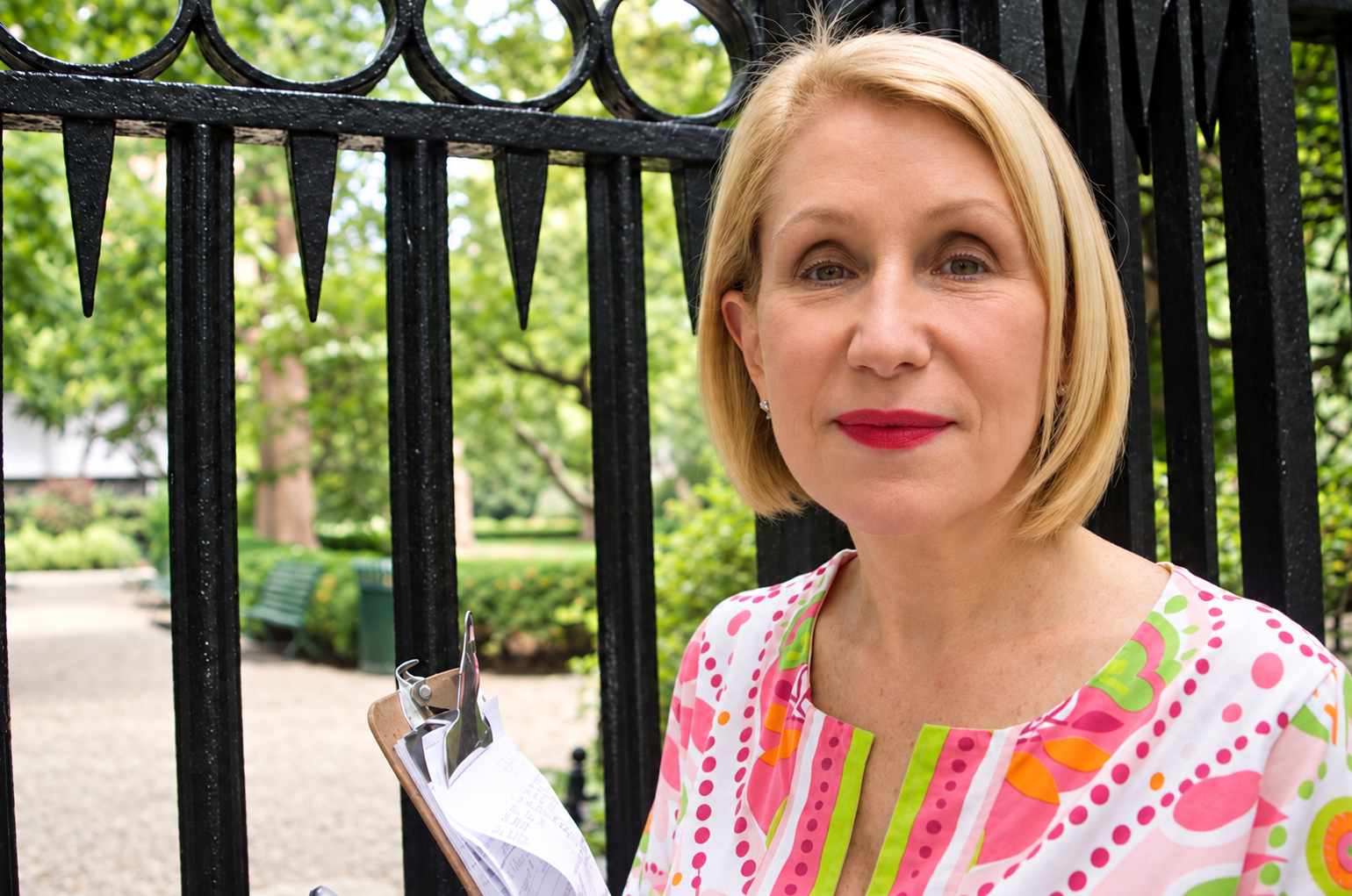 Arlene Harrison holding her clipboard beside Gramercy Park’s iron gate