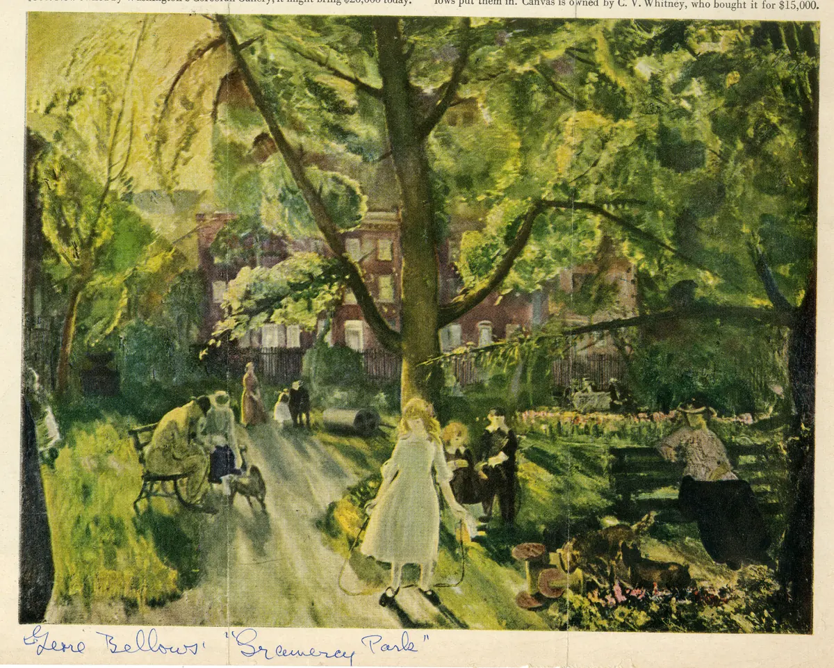 A girl with a skipping rope stands among sunlit trees, with seated adults, children and dogs along the Park paths.