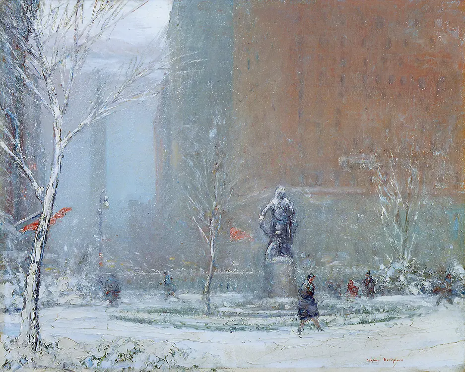 Snow-covered Gramercy Park, with bare trees, pedestrians and the Booth statue below buildings fading into a pale winter sky.