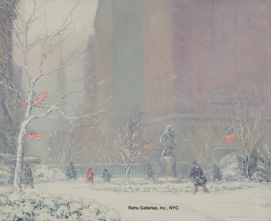Snow-covered Gramercy Park painted by Johann Berthelsen, with bare trees, pedestrians, flags and the Booth statue before softly rendered buildings.