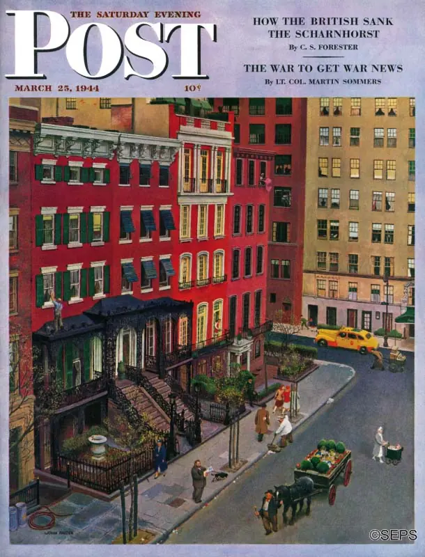 The complete March 25, 1944 Saturday Evening Post cover: red-brick houses on Gramercy Park West, iron porches and a horse-drawn vegetable cart.