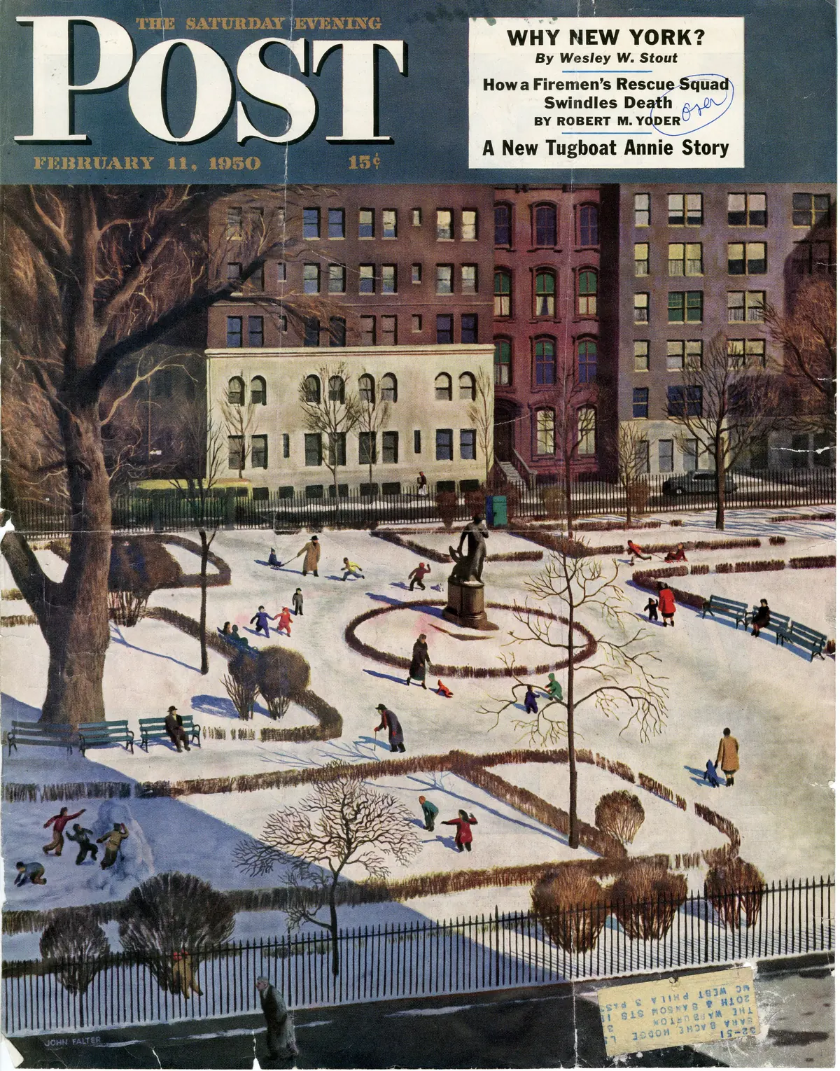 The February 11, 1950 Saturday Evening Post cover, with children playing in the snowy Park and One Lexington Avenue at upper right.